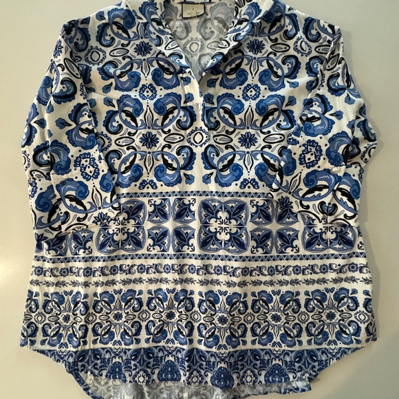 Tuckernuck Majolica Tile Print Blue White Relaxed Coastal Tunic Top Size XL - Picture 2 of 6